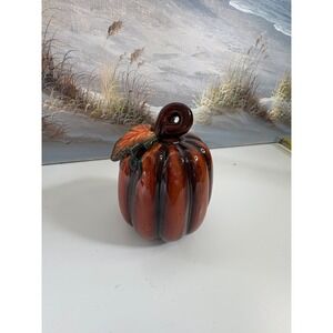 Glazed Ceramic Pumpkin Figurine Brown Orange Fall Harvest Autumn Decor 5.5 Inch